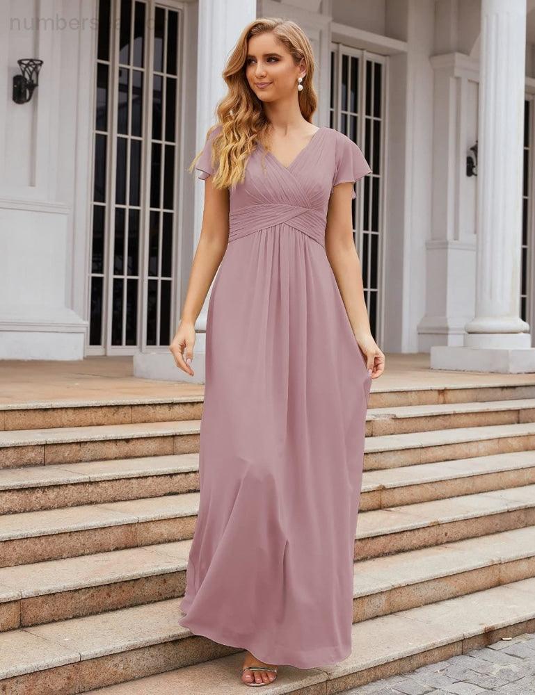 NumberSea - Numbersea Chiffon Bridesmaid Dress Cap Sleeves Maxi Prom Gowns Party Wedding Mother of The Bride Dresses for Women SEA28047