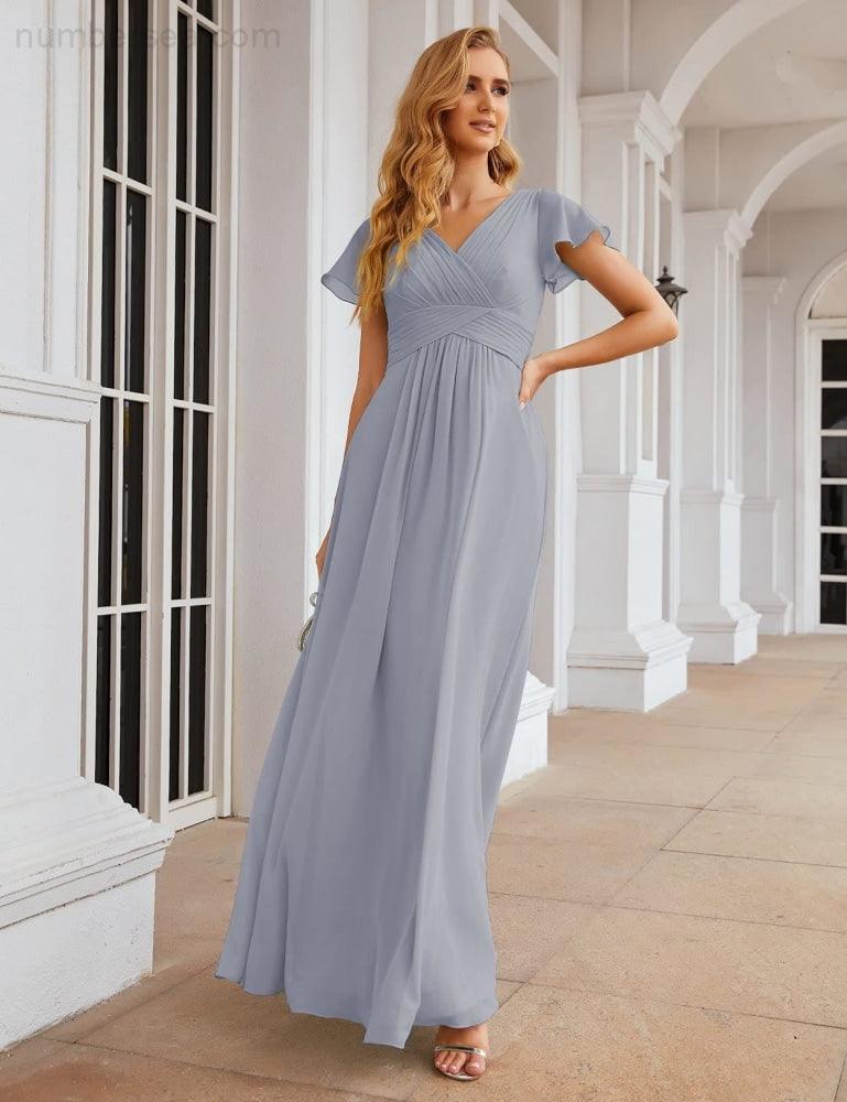 NumberSea - Numbersea Chiffon Bridesmaid Dress Cap Sleeves Maxi Prom Gowns Party Wedding Mother of The Bride Dresses for Women SEA28047