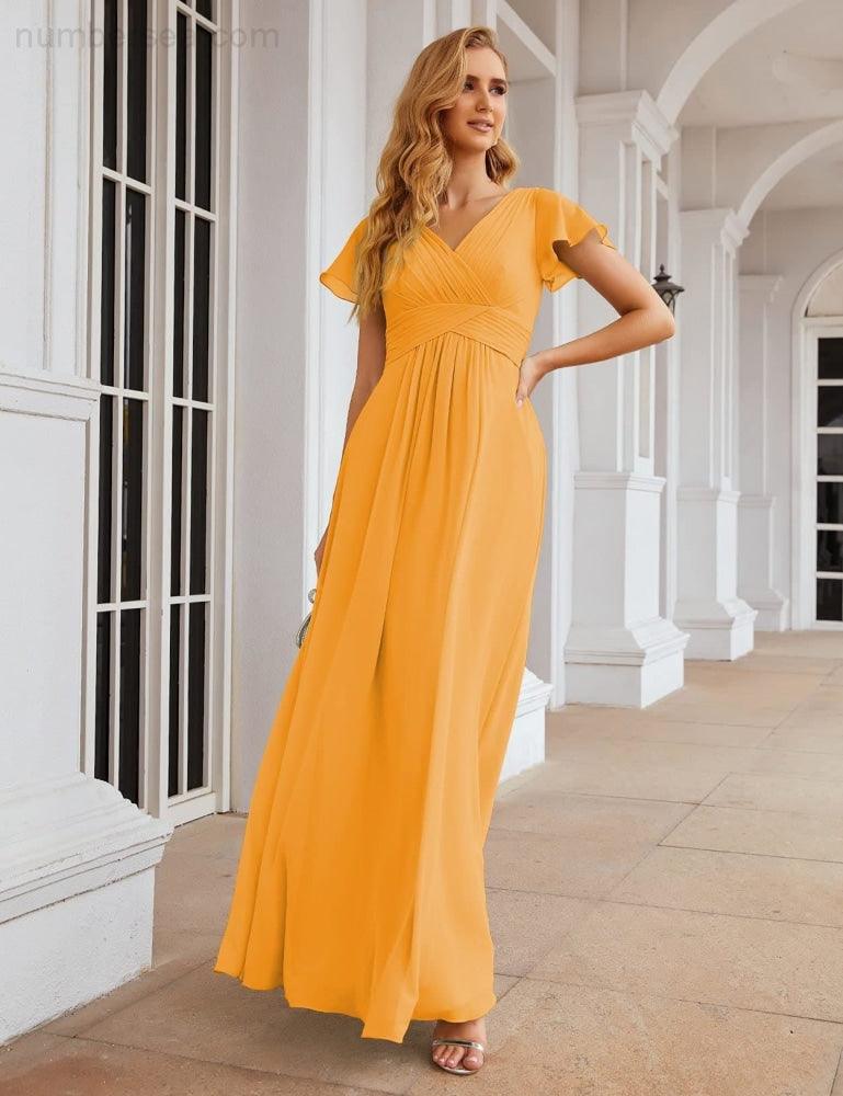 NumberSea - Numbersea Chiffon Bridesmaid Dress Cap Sleeves Maxi Prom Gowns Party Wedding Mother of The Bride Dresses for Women SEA28047