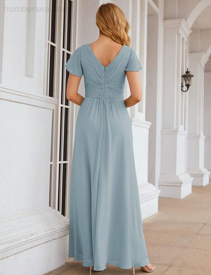 NumberSea - Numbersea Chiffon Bridesmaid Dress Cap Sleeves Maxi Prom Gowns Party Wedding Mother of The Bride Dresses for Women SEA28047