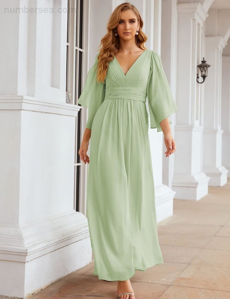 NumberSea - Numbersea Chiffon Bridesmaid Dresses with Split for Women Wedding Long Party Prom Gown Flutter Sleeve SEA28045