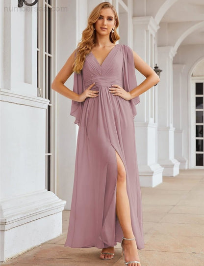 NumberSea - Numbersea Chiffon Bridesmaid Dresses with Split for Women Wedding Long Party Prom Gown Flutter Sleeve SEA28045