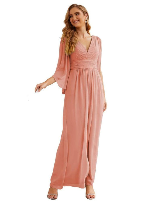 NumberSea - Numbersea Chiffon Bridesmaid Dresses with Split for Women Wedding Long Party Prom Gown Flutter Sleeve SEA28045