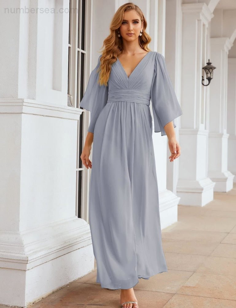 NumberSea - Numbersea Chiffon Bridesmaid Dresses with Split for Women Wedding Long Party Prom Gown Flutter Sleeve SEA28045