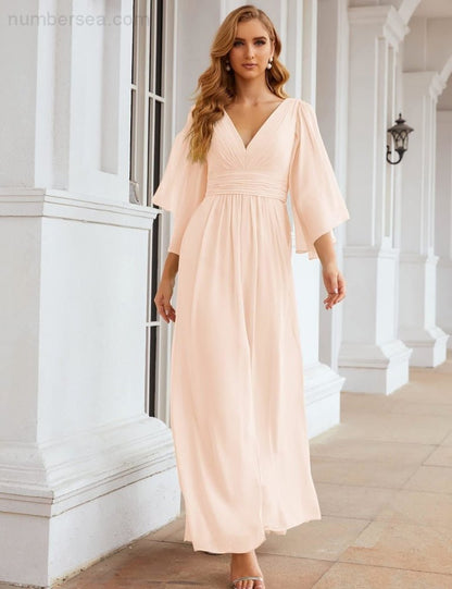 NumberSea - Numbersea Chiffon Bridesmaid Dresses with Split for Women Wedding Long Party Prom Gown Flutter Sleeve SEA28045