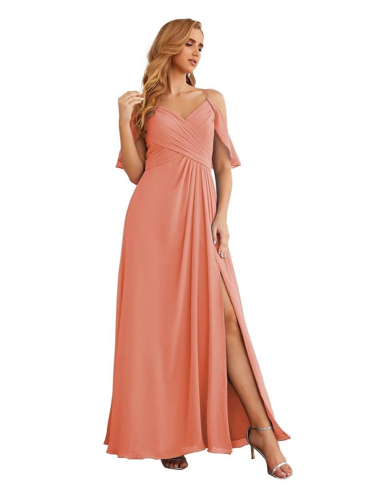 NumberSea - Numbersea Chiffon Cold Shoulder Long Bridesmaid Dresses Plus Size Formal Prom Gowns for Women Party Wedding SEA28070