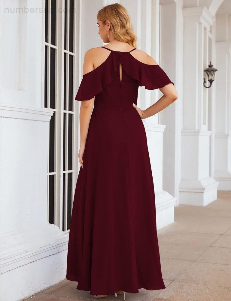 NumberSea - Numbersea Chiffon Cold Shoulder Long Bridesmaid Dresses Plus Size Formal Prom Gowns for Women Party Wedding SEA28070