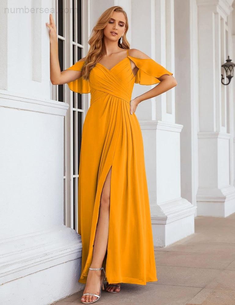 NumberSea - Numbersea Chiffon Cold Shoulder Long Bridesmaid Dresses Plus Size Formal Prom Gowns for Women Party Wedding SEA28070