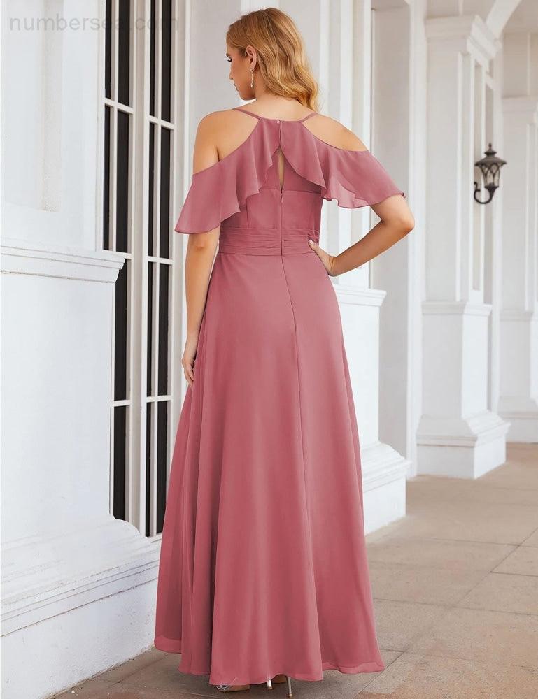 NumberSea - Numbersea Chiffon Cold Shoulder Long Bridesmaid Dresses Plus Size Formal Prom Gowns for Women Party Wedding SEA28070