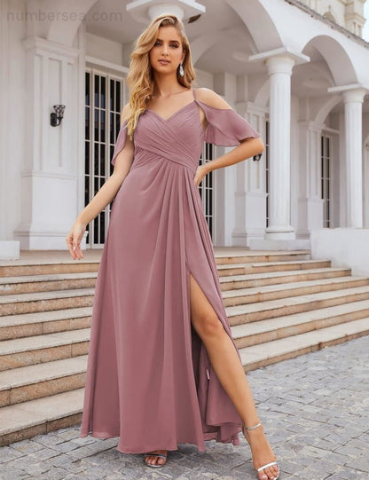 NumberSea - Numbersea Chiffon Cold Shoulder Long Bridesmaid Dresses Plus Size Formal Prom Gowns for Women Party Wedding SEA28070