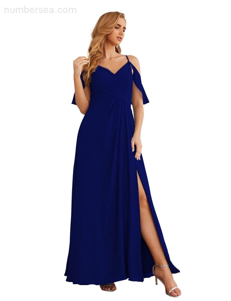 NumberSea - Numbersea Chiffon Cold Shoulder Long Bridesmaid Dresses Plus Size Formal Prom Gowns for Women Party Wedding SEA28070