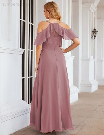 NumberSea - Numbersea Chiffon Cold Shoulder Long Bridesmaid Dresses Plus Size Formal Prom Gowns for Women Party Wedding SEA28070