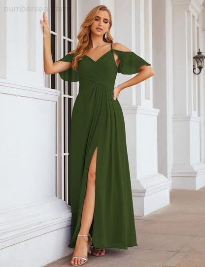 NumberSea - Numbersea Chiffon Cold Shoulder Long Bridesmaid Dresses Plus Size Formal Prom Gowns for Women Party Wedding SEA28070