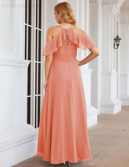 NumberSea - Numbersea Chiffon Cold Shoulder Long Bridesmaid Dresses Plus Size Formal Prom Gowns for Women Party Wedding SEA28070