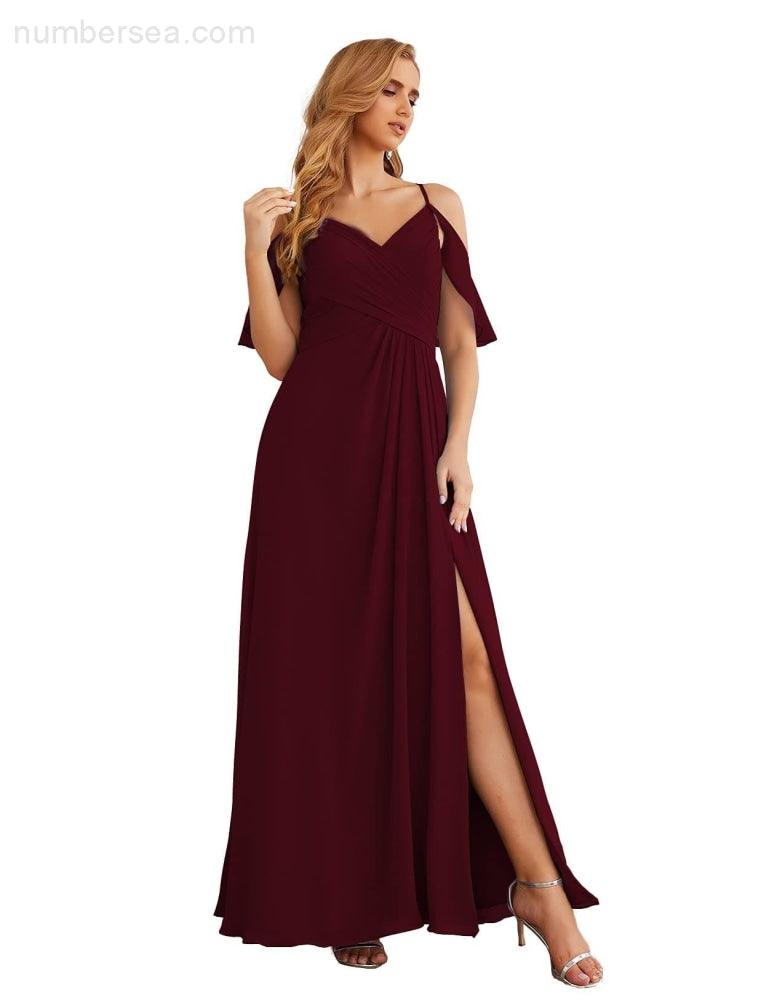 NumberSea - Numbersea Chiffon Cold Shoulder Long Bridesmaid Dresses Plus Size Formal Prom Gowns for Women Party Wedding SEA28070