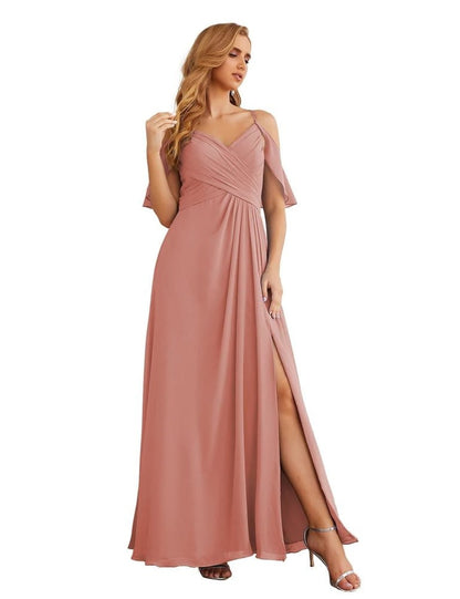 NumberSea - Numbersea Chiffon Cold Shoulder Long Bridesmaid Dresses Plus Size Formal Prom Gowns for Women Party Wedding SEA28070