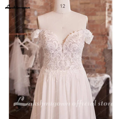 NumberSea - NumberSea Chiffon Long Boho Wedding Dress Beach Vestido Novia 2025 Off the Shoulder Sexy Bridal Gowns Lace Appliques