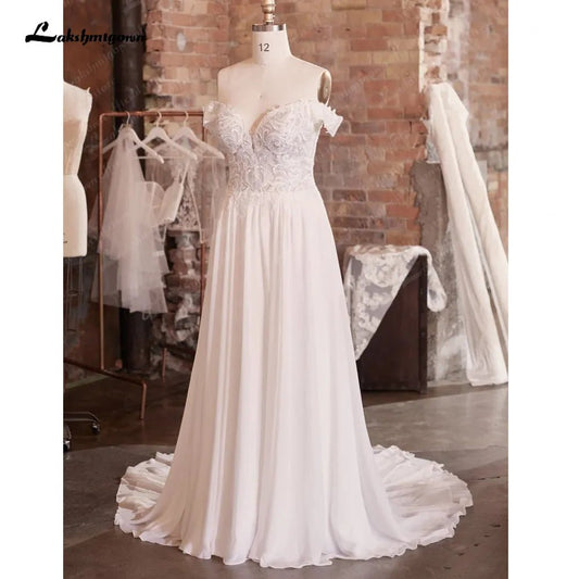 NumberSea - NumberSea Chiffon Long Boho Wedding Dress Beach Vestido Novia 2025 Off the Shoulder Sexy Bridal Gowns Lace Appliques