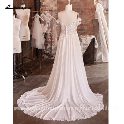 NumberSea - NumberSea Chiffon Long Boho Wedding Dress Beach Vestido Novia 2025 Off the Shoulder Sexy Bridal Gowns Lace Appliques