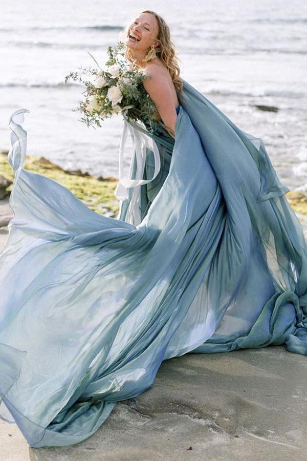 NumberSea - NumberSea Chiffon Rustic Wedding Dress With Train, A - line Beach Wedding Gown, MW685