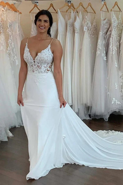 NumberSea - NumberSea Chiffon Spaghetti Straps Lace Appliques Bohemian Wedding Dresses, MW913