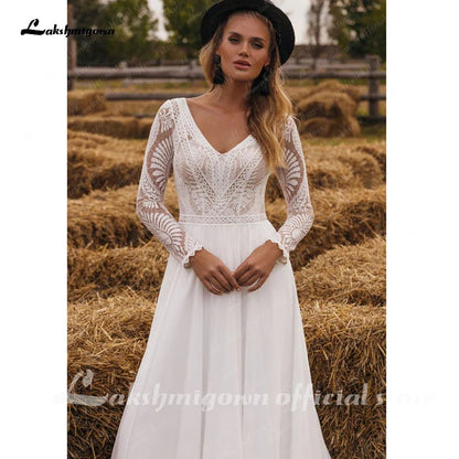 NumberSea - NumberSea Chiffon V Neck Long Sleeve Bridal Dress Sweep Train Lace Open Back Bohemian Boho Beach Wedding Dress Wedding Gown