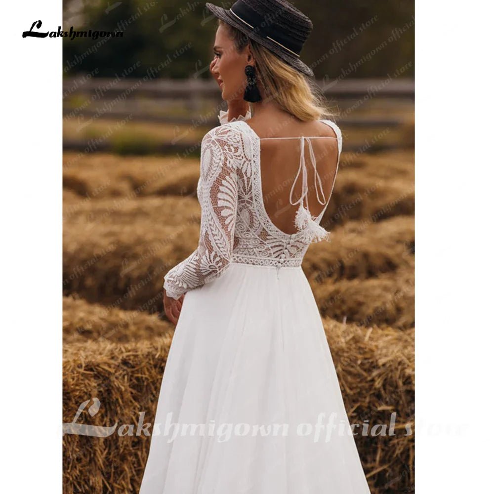 NumberSea - NumberSea Chiffon V Neck Long Sleeve Bridal Dress Sweep Train Lace Open Back Bohemian Boho Beach Wedding Dress Wedding Gown