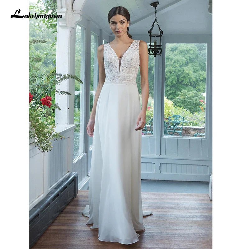 NumberSea - NumberSea Chiffon Wedding Dresses V - Neck A - line Dress with Full Chiffon Skirt Bruidsjurk Chic Bridal Dresses Lace Bodice