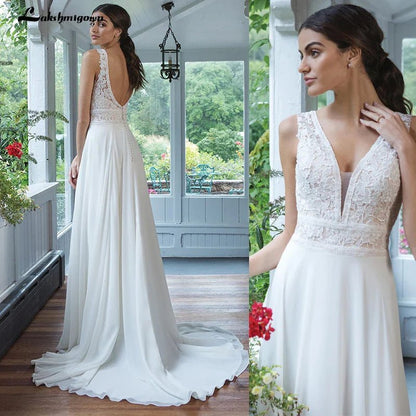 NumberSea - NumberSea Chiffon Wedding Dresses V - Neck A - line Dress with Full Chiffon Skirt Bruidsjurk Chic Bridal Dresses Lace Bodice