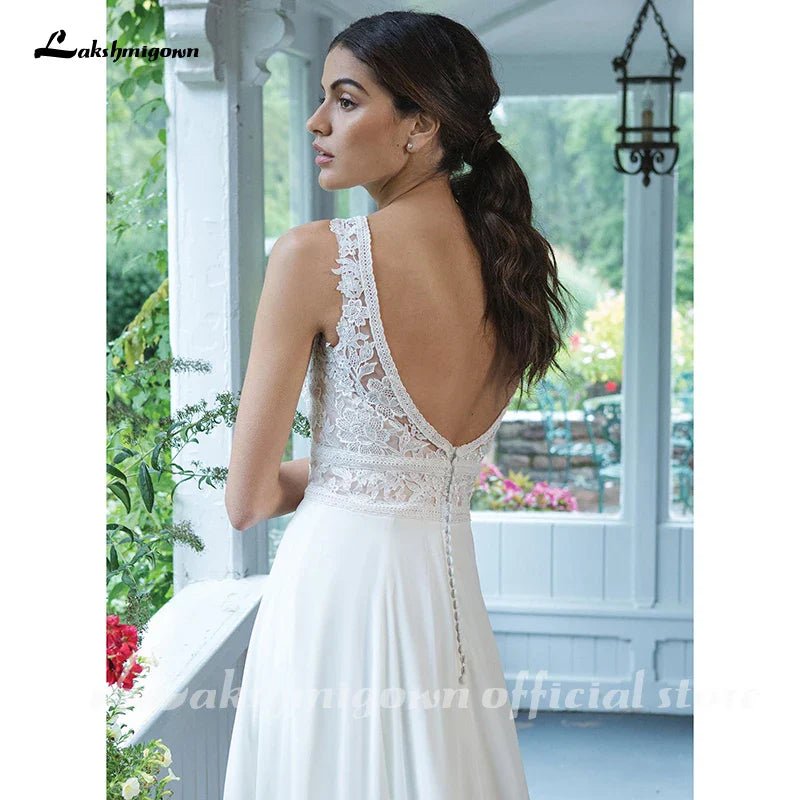 NumberSea - NumberSea Chiffon Wedding Dresses V - Neck A - line Dress with Full Chiffon Skirt Bruidsjurk Chic Bridal Dresses Lace Bodice