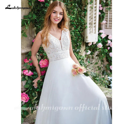 NumberSea - NumberSea Chiffon Wedding Dresses V - Neck A - line Dress with Full Chiffon Skirt Bruidsjurk Chic Bridal Dresses Lace Bodice