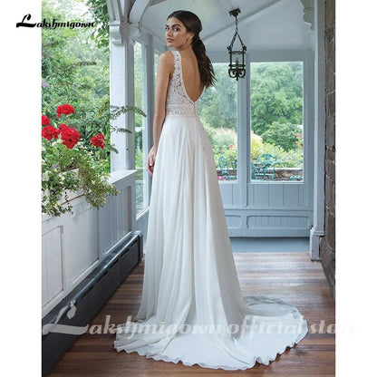 NumberSea - NumberSea Chiffon Wedding Dresses V - Neck A - line Dress with Full Chiffon Skirt Bruidsjurk Chic Bridal Dresses Lace Bodice