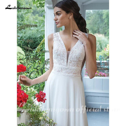 NumberSea - NumberSea Chiffon Wedding Dresses V - Neck A - line Dress with Full Chiffon Skirt Bruidsjurk Chic Bridal Dresses Lace Bodice