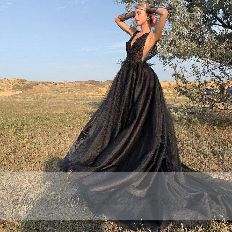 NumberSea - NumberSea Classic Bridal Sexy Gothic Black Wedding Dress