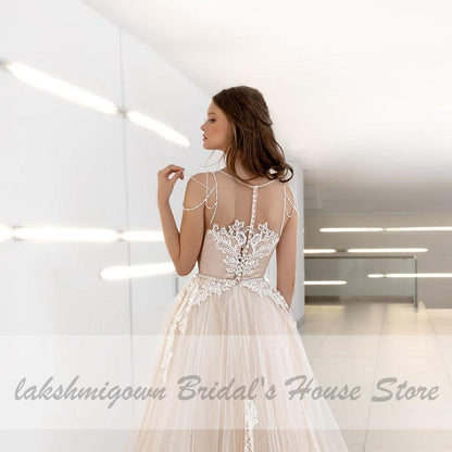 NumberSea - NumberSea Classic Champagne Wedding Dress V - Neck Lace Appliques Princess