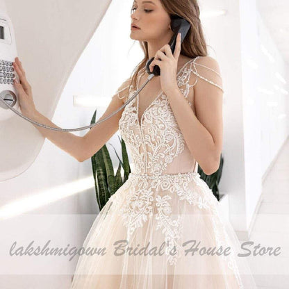 NumberSea - NumberSea Classic Champagne Wedding Dress V - Neck Lace Appliques Princess