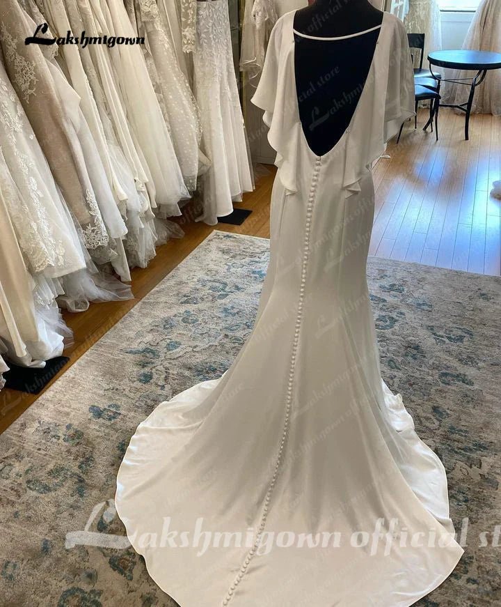 NumberSea - NumberSea Classic Satin Wedding Dresses 2025 Beach V - Neck Backless Short Sleeves Bridal Gown Robe De Mariée