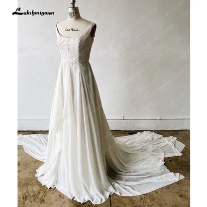 NumberSea - NumberSea Classic Spaghetti Strap Sleeveless Square Neck Simple Bridal Gown Sexy Backless Short Train Wedding Dress