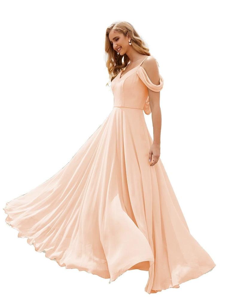 NumberSea - Numbersea Cold Shoulder Chiffon Bridesmaid Dresses Long Maxi Formal Prom Gowns for Women Party SEA28059