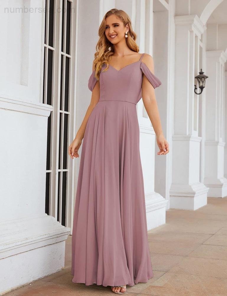 NumberSea - Numbersea Cold Shoulder Chiffon Bridesmaid Dresses Long Maxi Formal Prom Gowns for Women Party SEA28059