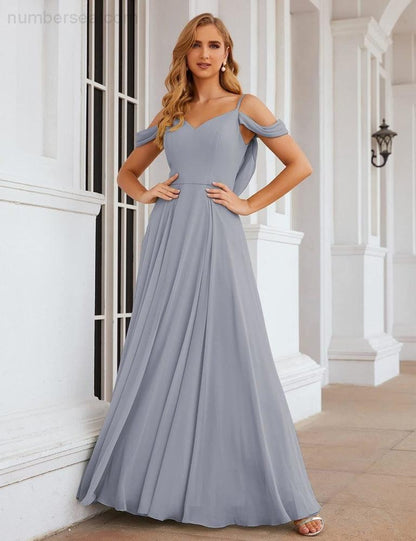 NumberSea - Numbersea Cold Shoulder Chiffon Bridesmaid Dresses Long Maxi Formal Prom Gowns for Women Party SEA28059