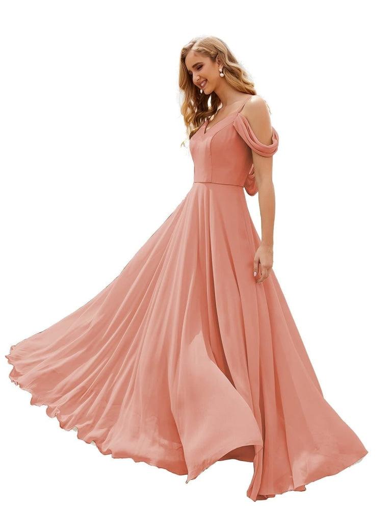 NumberSea - Numbersea Cold Shoulder Chiffon Bridesmaid Dresses Long Maxi Formal Prom Gowns for Women Party SEA28059