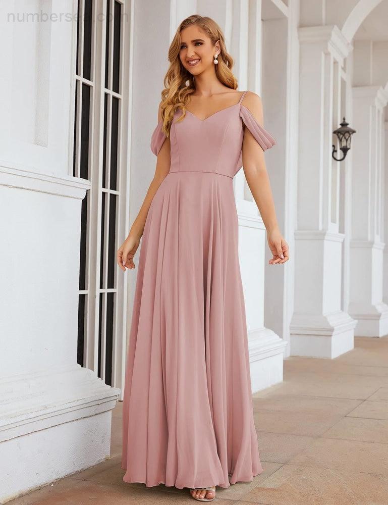 NumberSea - Numbersea Cold Shoulder Chiffon Bridesmaid Dresses Long Maxi Formal Prom Gowns for Women Party SEA28059