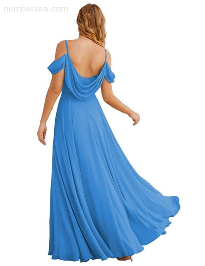 NumberSea - Numbersea Cold Shoulder Chiffon Bridesmaid Dresses Long Maxi Formal Prom Gowns for Women Party SEA28059