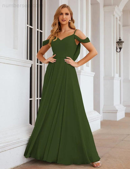 NumberSea - Numbersea Cold Shoulder Chiffon Bridesmaid Dresses Long Maxi Formal Prom Gowns for Women Party SEA28059