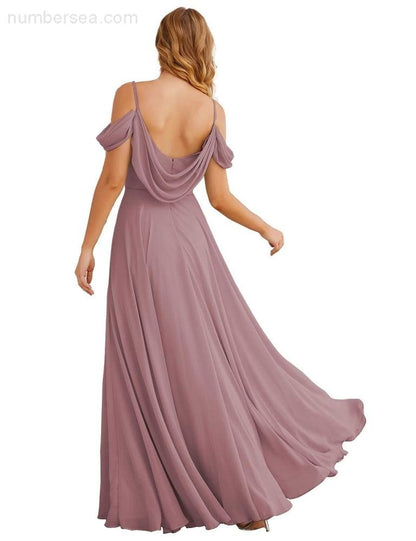 NumberSea - Numbersea Cold Shoulder Chiffon Bridesmaid Dresses Long Maxi Formal Prom Gowns for Women Party SEA28059