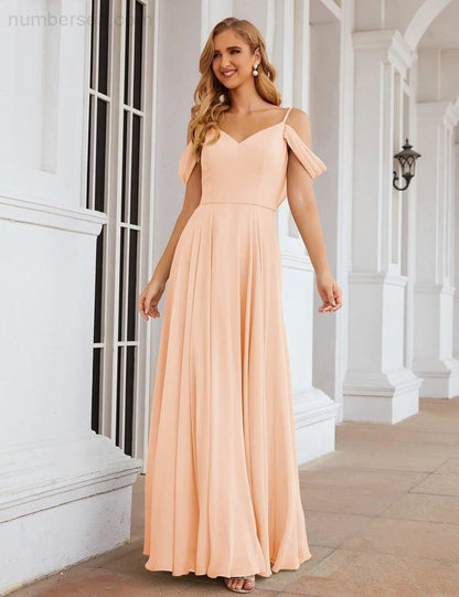 NumberSea - Numbersea Cold Shoulder Chiffon Bridesmaid Dresses Long Maxi Formal Prom Gowns for Women Party SEA28059