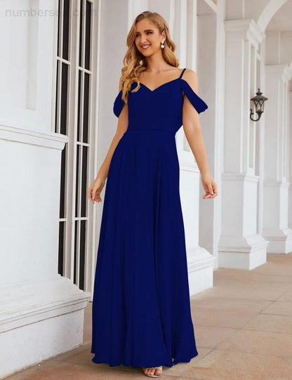 NumberSea - Numbersea Cold Shoulder Chiffon Bridesmaid Dresses Long Maxi Formal Prom Gowns for Women Party SEA28059