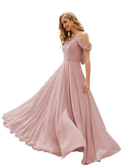 NumberSea - Numbersea Cold Shoulder Chiffon Bridesmaid Dresses Long Maxi Formal Prom Gowns for Women Party SEA28059