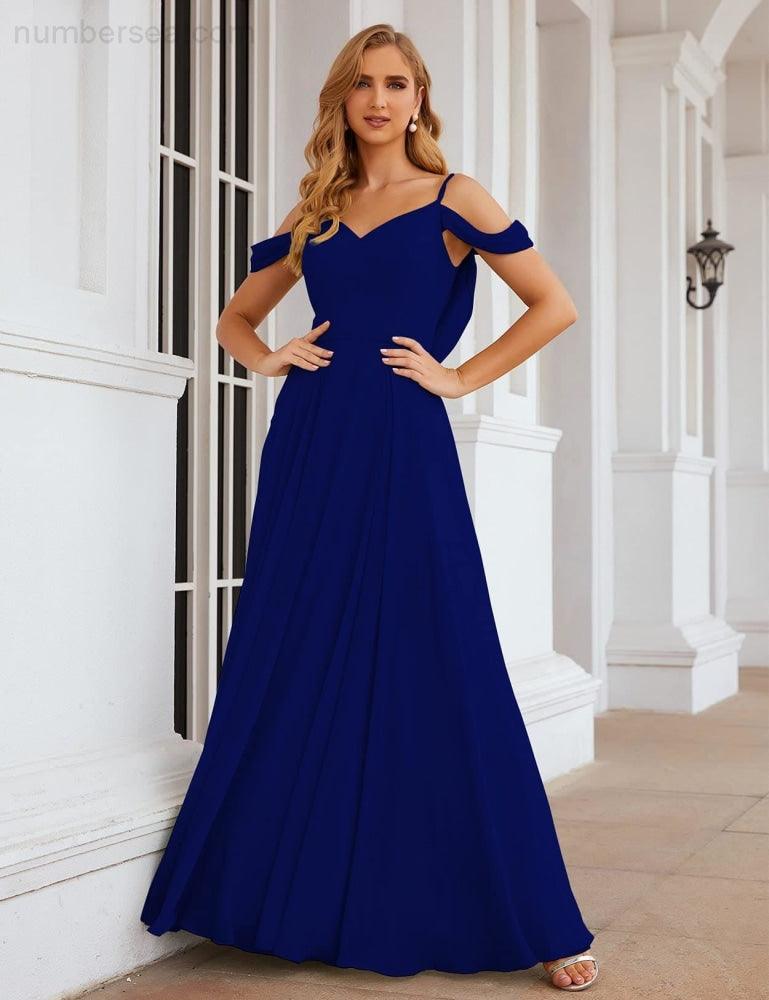 NumberSea - Numbersea Cold Shoulder Chiffon Bridesmaid Dresses Long Maxi Formal Prom Gowns for Women Party SEA28059